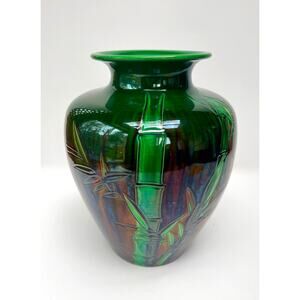 Vintage Large Bamboo Relief Ceramic Vase Green Brown Glaze 14 Inch Art Pottery